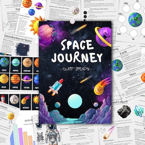 May include: A vibrant educational poster set with a space theme. The central image displays "SPACE JOURNEY - UNIT STUDY" with a rocket and planets. Additional pages show planets, moon phases, and facts about space.