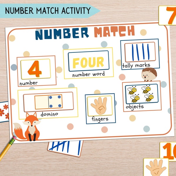 Actividad de aprendizaje de números imprimible, hojas de trabajo para contar, coincidencia de números, matemáticas para preescolar y jardín de infantes, aprendizaje para niños pequeños, páginas divertidas para contar