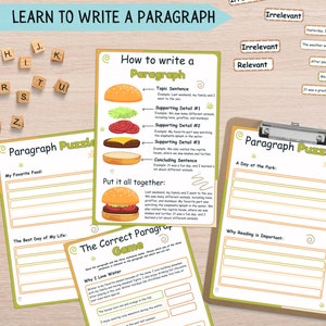 May include: A printable worksheet for learning how to write a paragraph. The worksheet features a hamburger graphic and includes sections for a topic sentence, supporting details, and a concluding sentence. The worksheet also includes a paragraph puzzle with prompts for writing about a favorite food, the best day of one's life, a day at the park, and why reading is important.