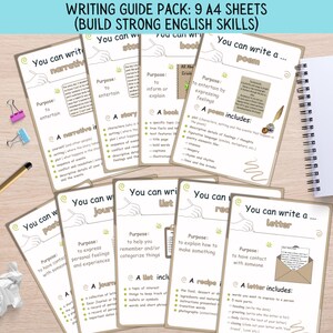 Op de afbeelding: Een set van negen A4-schrijfgidsbladen met de tekst "WRITING GUIDE PACK: 9 A4 SHEETS (BUILD STRONG ENGLISH SKILLS)". De gidsen behandelen onderwerpen als verhalen, verhalen en brieven. Inclusief een potlood, paperclips en een spiraalgebonden notitieboek.