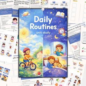 以下が含まれることがあります： 「Daily Routines unit study」と題された、子供たちのイラストが描かれたカラフルな教育ポスター。片面には日中に自転車に乗る子供が、もう片面には夜に歯を磨く子供が描かれています。追加のページには、朝と夜のルーティンが詳しく説明されています。