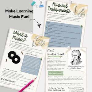 May include: Educational posters about music, featuring text and illustrations. One poster explains 'What is Music?' with vinyl records, while another details 'Musical Instruments.' A portrait of Amadeus Mozart is also included.
