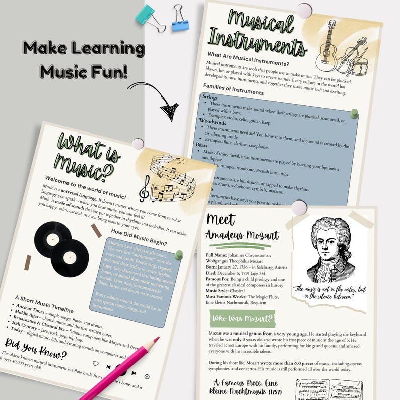 May include: Educational posters about music, featuring text and illustrations. One poster explains 'What is Music?' with vinyl records, while another details 'Musical Instruments.' A portrait of Amadeus Mozart is also included.