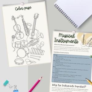May include: A black and white line drawing of various musical instruments, including a violin, saxophone, guitar, trumpet, drum set, and maracas, on a "Color page" sheet. A second sheet titled "Musical Instruments" details instrument families.