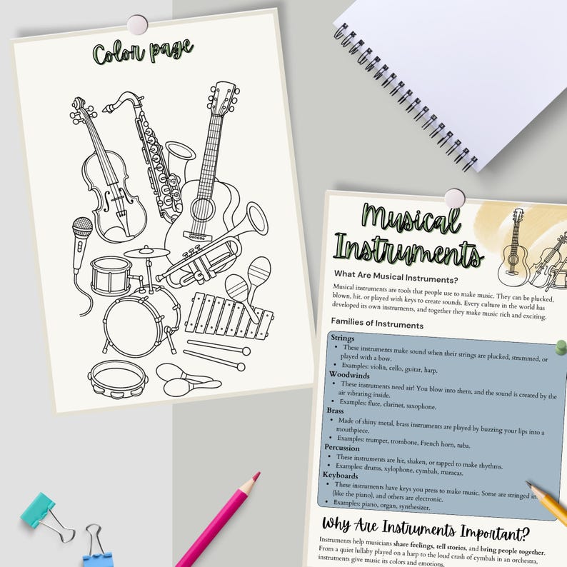 May include: A black and white line drawing of various musical instruments, including a violin, saxophone, guitar, trumpet, drum set, and maracas, on a "Color page" sheet. A second sheet titled "Musical Instruments" details instrument families.