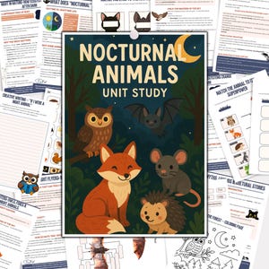 May include: An educational poster titled "Nocturnal Animals Unit Study" with illustrations of an owl, fox, bat, mouse, and hedgehog. The poster includes text and graphics about nocturnal animals and their habitats.