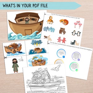 May include: A printable activity set for kids featuring Noah's Ark. The set includes a cut-and-paste activity, a dot-to-dot activity, and a coloring page. The activities are based on the biblical story of Noah's Ark.