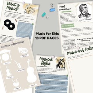 May include: Educational PDF pages titled "Music for Kids" with information on musical instruments, styles, and composers. Includes text and illustrations, with a focus on music education for children.