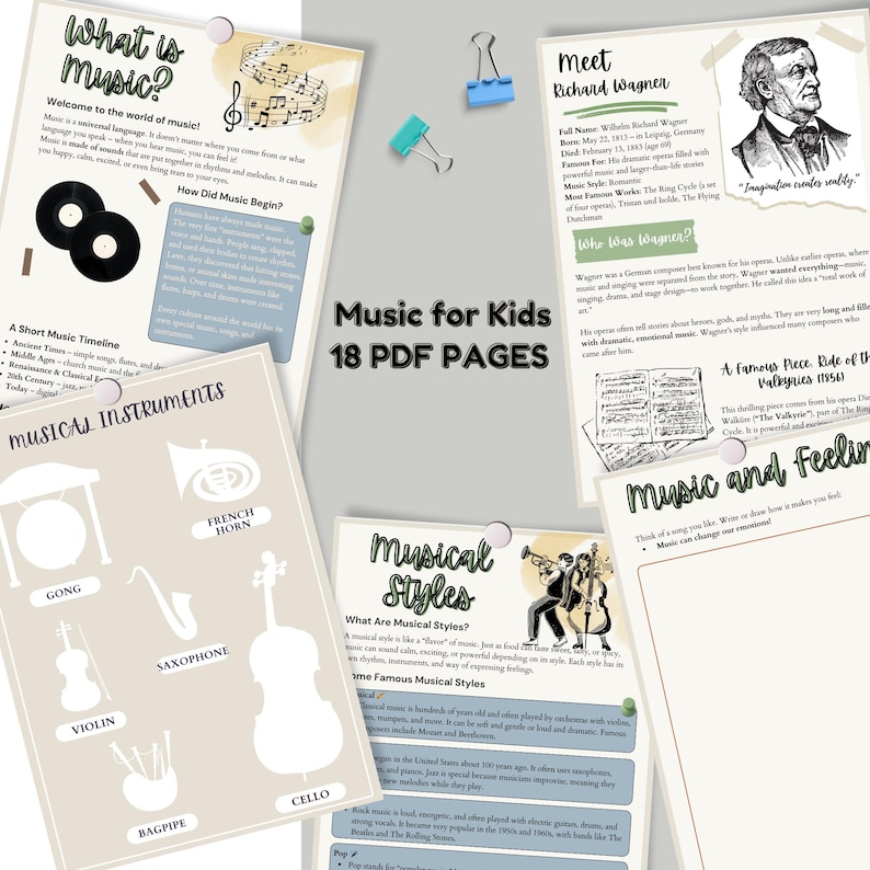 May include: Educational PDF pages titled "Music for Kids" with information on musical instruments, styles, and composers. Includes text and illustrations, with a focus on music education for children.
