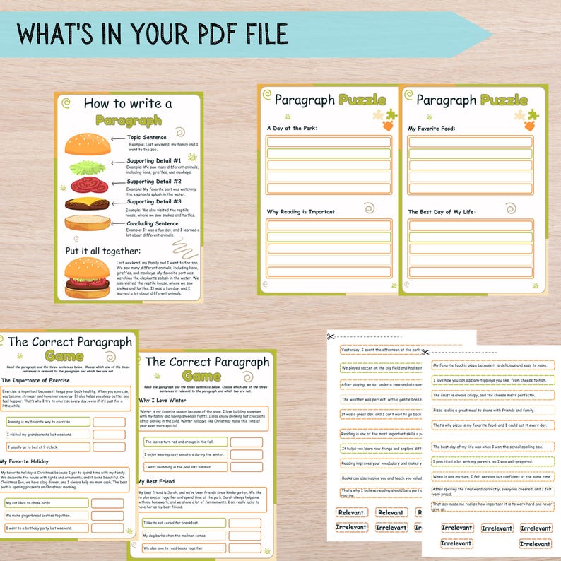 May include: A printable worksheet with a green and orange border. The worksheet is titled "What's in your PDF file?" and includes a section titled "How to write a paragraph" with a hamburger graphic. There are also sections titled "Paragraph Puzzle" with blank spaces for writing. The worksheet is designed to help students learn how to write paragraphs.