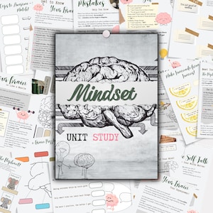 Op de afbeelding: Een verzameling educatieve werkbladen met de focus op de hersenen en mindset. De centrale afbeelding toont een gedetailleerde illustratie van een brein met het woord "Mindset" in groene letters. Omringende pagina's bevatten diagrammen en tekst over leren en zelfverbetering.