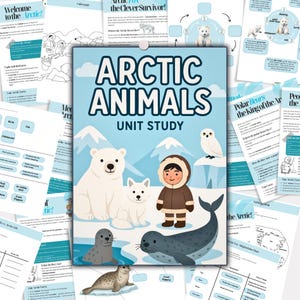 Puede incluir: Un conjunto de imprimibles educativos con el tema de Estudio de la Unidad de Animales Árticos. La imagen central presenta un oso polar, un zorro ártico, un niño inuit, una foca y un búho nival. El título "Arctic Animals Unit Study" se muestra.