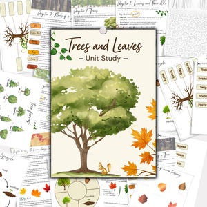 Puede incluir: Un conjunto de imprimibles educativos para un estudio sobre árboles y hojas. La imagen central presenta una ilustración en acuarela de un árbol con una ardilla, rodeado de hojas de otoño. Páginas adicionales cubren partes del árbol, ciclos de vida y hojas.