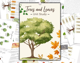 May include: A collection of educational printables for a unit study on trees and leaves. The central image features a watercolor illustration of a tree with a squirrel, surrounded by autumn leaves. Additional pages cover tree parts, life cycles, and leaf identification.