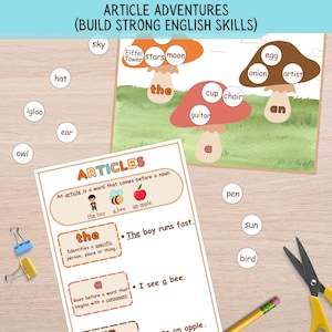 Engelse grammaticaartikelen Matchingspel: Montessori-huisschoolactiviteit (pdf-download)
