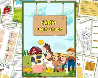 May include: A colorful educational farm unit study with the title "FARM - UNIT STUDY" on a wooden sign. The image features illustrations of farm animals, children, and various farm-related activities, with additional educational pages.