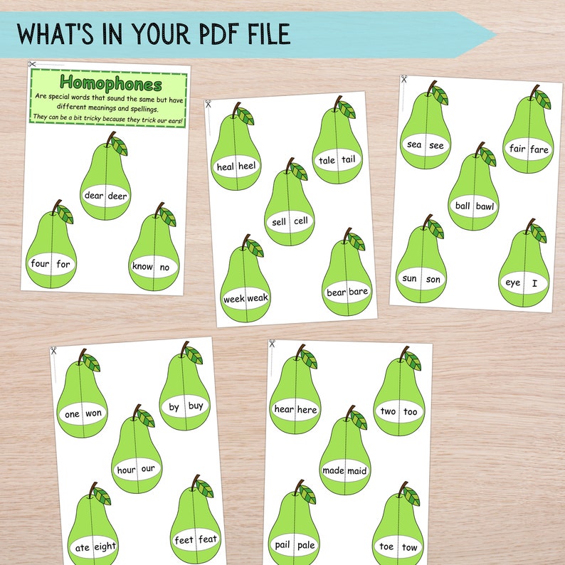 May include: A printable worksheet with green pear illustrations. Each pear is divided in half with two homophones written inside. The words are: four/for, know/no, dear/deer, heal/heel, sell/cell, week/weak, bear/bare, tale/tail, sea/see, ball/bawl, sun/son, eye/I, by/buy, one/won, hear/here, two/too, hour/our, made/maid, ate/eight, feet/feat, pail/pale, toe/tow, fair/fare.