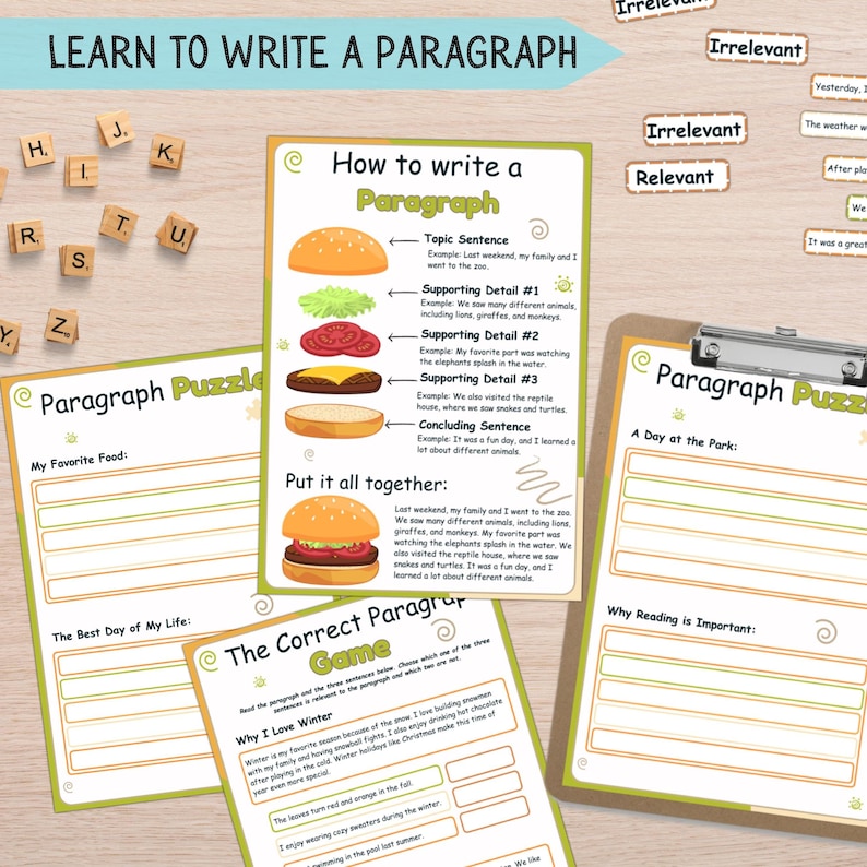 May include: A printable worksheet for learning how to write a paragraph. The worksheet features a hamburger graphic and includes sections for a topic sentence, supporting details, and a concluding sentence. The worksheet also includes a paragraph puzzle with prompts for writing about a favorite food, the best day of one's life, a day at the park, and why reading is important.