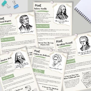 May include: A collection of informational cards about famous composers, including Richard Wagner, Antonio Vivaldi, Ludwig van Beethoven, and Amadeus Mozart. Each card features a portrait, biographical details, and famous works. The cards are pinned to a white surface.
