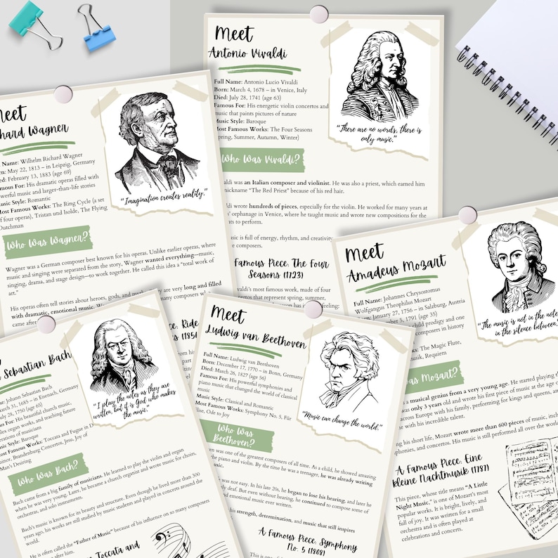 May include: A collection of informational cards about famous composers, including Richard Wagner, Antonio Vivaldi, Ludwig van Beethoven, and Amadeus Mozart. Each card features a portrait, biographical details, and famous works. The cards are pinned to a white surface.