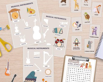 Activiteitenkit muziekinstrumenten: flashcards, matching game (afdrukbare digitale download)
