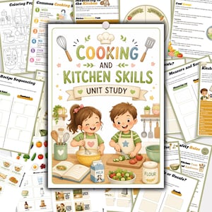以下が含まれることがあります： 「Cooking and Kitchen Skills Unit Study」と題された、子供たちが料理をしているイラストが描かれたカラフルな教育ポスター。レシピのシーケンス、キッチンツール、食品の安全性など、料理に関連するさまざまなトピックが含まれています。