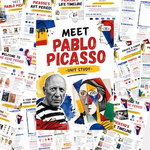 Op de afbeelding: Een meerdelige educatieve unitstudie getiteld Meet Pablo Picasso, met een zwart-witfoto van de kunstenaar in een gestreept shirt, een kleurrijke kubistische portretillustratie en diverse werkbladen met tekst en diagrammen.