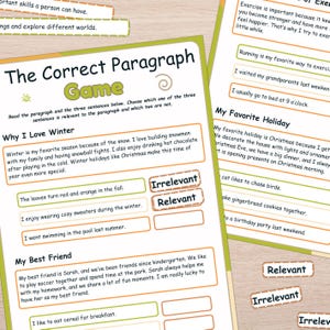 May include: A printable worksheet for kids to practice identifying relevant sentences in a paragraph. The worksheet features a paragraph about winter, a paragraph about a best friend, and a paragraph about Christmas. Each paragraph is followed by three sentences, one of which is relevant to the paragraph and two of which are not. The student must identify the relevant sentence.