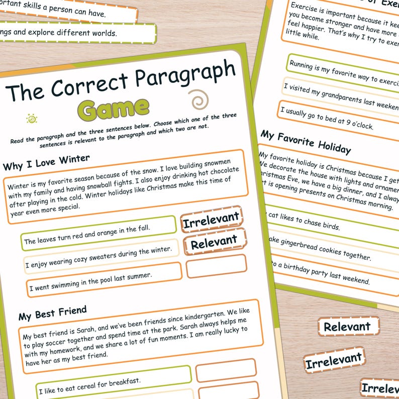 May include: A printable worksheet for kids to practice identifying relevant sentences in a paragraph. The worksheet features a paragraph about winter, a paragraph about a best friend, and a paragraph about Christmas. Each paragraph is followed by three sentences, one of which is relevant to the paragraph and two of which are not. The student must identify the relevant sentence.