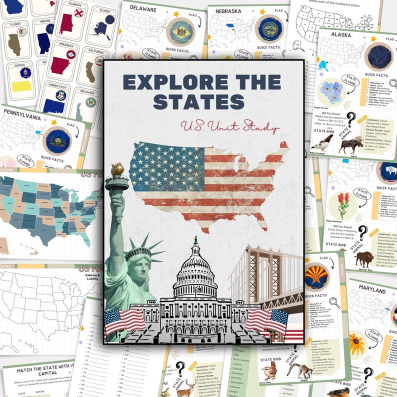 May include: A colorful educational workbook titled "Explore the States" with a US map, Statue of Liberty, and the US Capitol building. The workbook includes activities for learning about the states, their flags, flowers, birds, and animals.