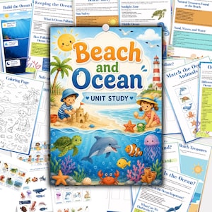Pode incluir: Um pacote educativo de estudo de unidade Beach and Ocean com uma capa colorida apresentando um sol, um farol, crianças brincando na areia e vida marinha, incluindo uma tartaruga, um golfinho, um peixe-palhaço, uma água-viva e um caranguejo.