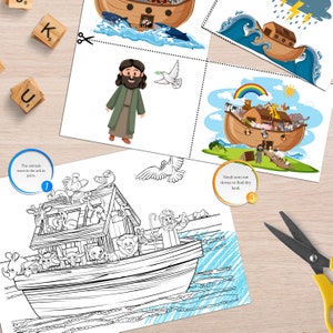 May include: A black and white illustration of Noah's Ark with animals on board. The ark is floating on blue water. The text "The animals went in the ark in pairs." is written in a circle at the top left of the image. The text "Noah sent out doves to find dry land." is written in a circle at the bottom right of the image.