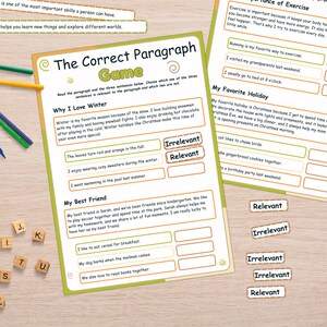 May include: A printable worksheet for kids to practice identifying relevant and irrelevant sentences in a paragraph. The worksheet features a paragraph about winter, a paragraph about a best friend, and a paragraph about Christmas. Each paragraph is followed by three sentences, one of which is relevant to the paragraph and two of which are irrelevant. The worksheet is designed to help kids improve their reading comprehension skills.