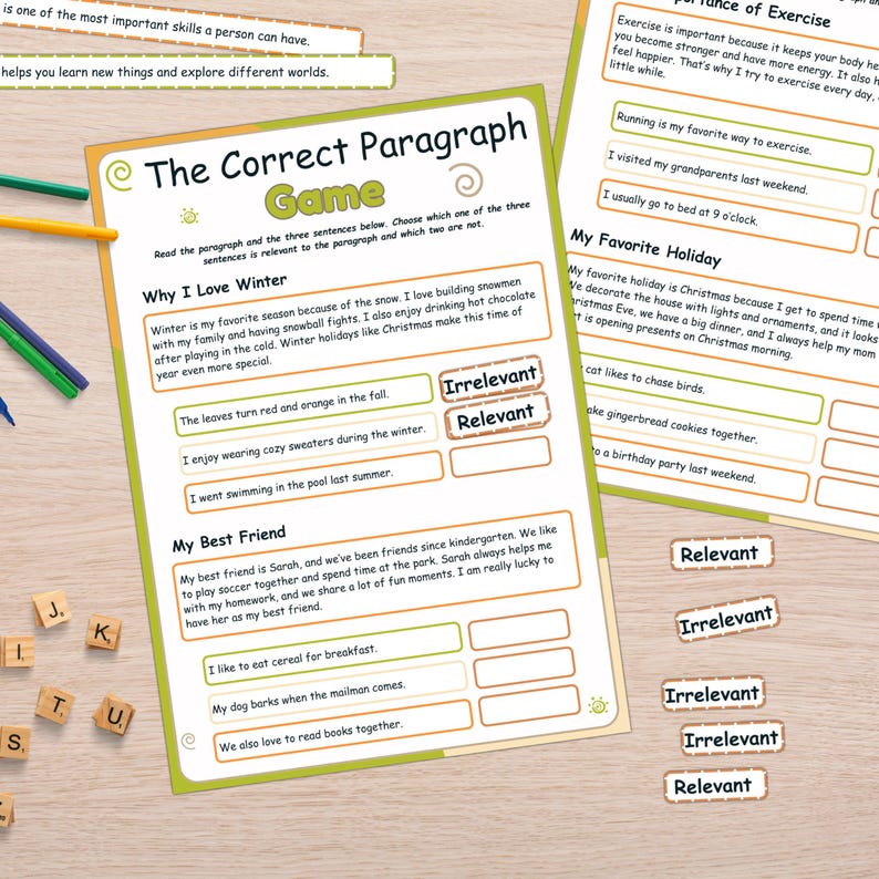 May include: A printable worksheet for kids to practice identifying relevant and irrelevant sentences in a paragraph. The worksheet features a paragraph about winter, a paragraph about a best friend, and a paragraph about Christmas. Each paragraph is followed by three sentences, one of which is relevant to the paragraph and two of which are irrelevant. The worksheet is designed to help kids improve their reading comprehension skills.