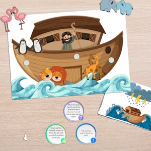 May include: A colorful illustration of Noah's Ark with animals on board, including penguins, lions, and a giraffe. The ark is floating on blue water with white waves. The text "When Noah, his family and all the animals were in the ark, it rained for 40 days and 40 nights." is written in a circle below the ark.