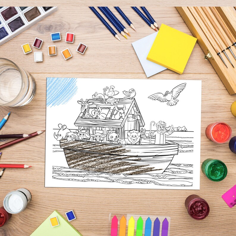 May include: A black and white coloring page featuring Noah's Ark with animals and people on board. The ark is floating on water with waves. The page is surrounded by art supplies, including paint, brushes, and pencils.