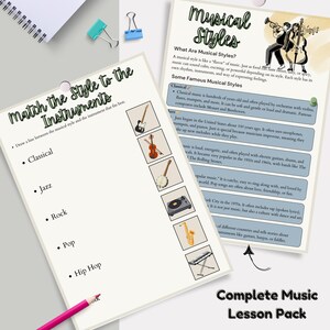 May include: Two worksheets from a music lesson pack. One titled "Match the Style to the Instruments" with musical styles and instrument images. The other titled "Musical Styles" with descriptions of musical genres.