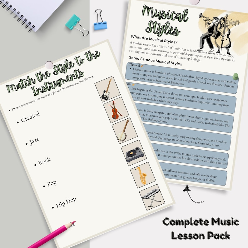 May include: Two worksheets from a music lesson pack. One titled "Match the Style to the Instruments" with musical styles and instrument images. The other titled "Musical Styles" with descriptions of musical genres.