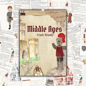 Peut inclure: Une ressource éducative imprimable pour l'enseignement sur le Moyen Âge. La ressource comprend des images de châteaux, de chevaliers et d'autres éléments médiévaux. Le texte "Moyen Âge - Étude d'unité" est présenté sur la couverture.