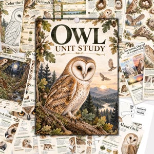Może przedstawiać: Edukacyjny zestaw Owl Unit Study zawierający centralny plakat z płomykówką siedzącą na gałęzi dębu na tle górskiego krajobrazu. Kolekcja obejmuje liczne arkusze informacyjne z diagramami, tekstem i ilustracjami dotyczącymi anatomii, siedlisk i łańcuchów pokarmowych sów, wydrukowane na papierze w kolorze kremowym.
