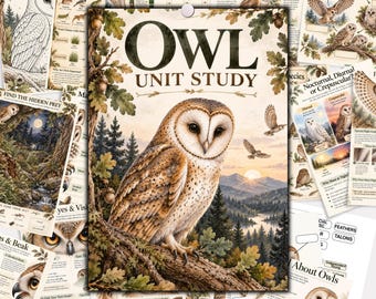 May include: An educational Owl Unit Study packet featuring a central poster with a barn owl perched on an oak branch against a mountain landscape. The collection includes multiple informational sheets with diagrams, text, and illustrations about owl anatomy, habitats, and food chains, all printed on paper with a cream-colored background.