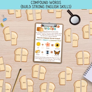 Compound Words Activity Lesson for Kids, Early Grammar Learning Game, Pre K English Language Skills, Homeschool Vocabulary, Compound Words