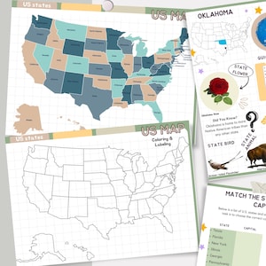 May include: A printable worksheet with a map of the United States. The map is divided into states and includes a key for coloring. The worksheet also includes a section on Oklahoma, with information about the state flower, bird, and animal. The text on the worksheet reads "US Map Coloring & Labeling" and "Did You Know? Oklahoma is home to more Native American tribes than any other state."