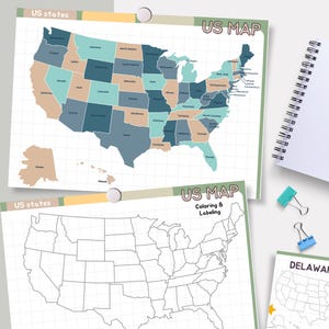 May include: Two printable US map worksheets. The first map is a color-coded map of the United States with each state labeled. The second map is a blank outline map of the United States with a grid overlay. The text "US MAP Coloring & Labeling" is at the top of the second map.