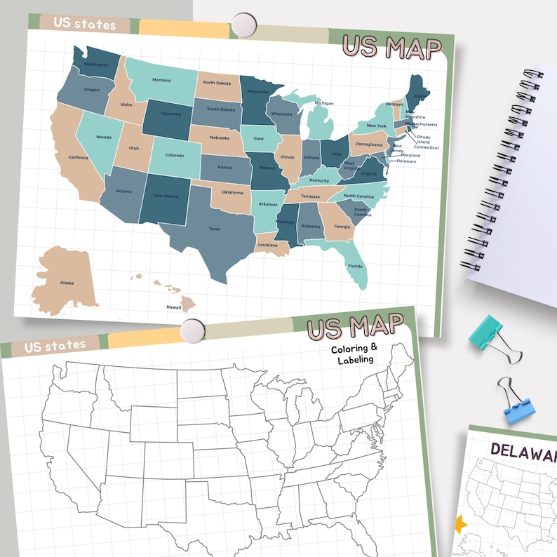 May include: Two printable US map worksheets. The first map is a color-coded map of the United States with each state labeled. The second map is a blank outline map of the United States with a grid overlay. The text "US MAP Coloring & Labeling" is at the top of the second map.
