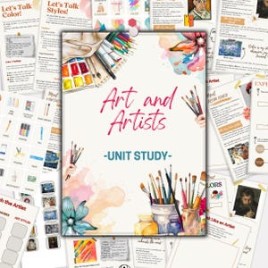 Puede incluir: Un conjunto de materiales educativos sobre arte. El foco central es una hoja grande titulada "Art and Artists - Unit Study-" con ilustraciones de acuarela de pinceles, paletas y un cuaderno. Las hojas circundantes cubren la teoría del color, los estilos artísticos y los perfiles de artistas.