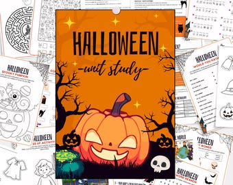 May include: A collection of Halloween-themed educational printables. The central image features a large orange pumpkin with a smiling face, surrounded by spooky trees and stars. The text "HALLOWEEN - unit study" is prominently displayed. Other pages include mazes, word searches, and coloring activities.