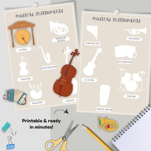 May include: Two beige posters with musical instruments illustrations, including a gong, cello, and drums. Text on the posters reads "MUSICAL INSTRUMENTS." A pair of yellow scissors, a pencil, and a notepad are also visible. Text at the bottom says "Printable & ready in minutes!"