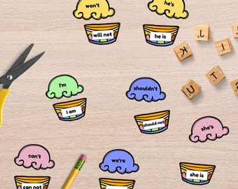 Contractions Matching Game: Gelato Vocabulary Activity (Digital Download)