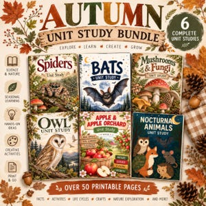Könnte beinhalten: Ein Herbst-Lerneinheiten-Paket mit sechs Lehrheften mit den Titeln Spiders, Bats, Mushrooms & Fungi, Owl, Apple & Apple Orchard und Nocturnal Animals. Die Sammlung enthält über 50 druckbare Seiten mit Illustrationen zum Thema Natur.
